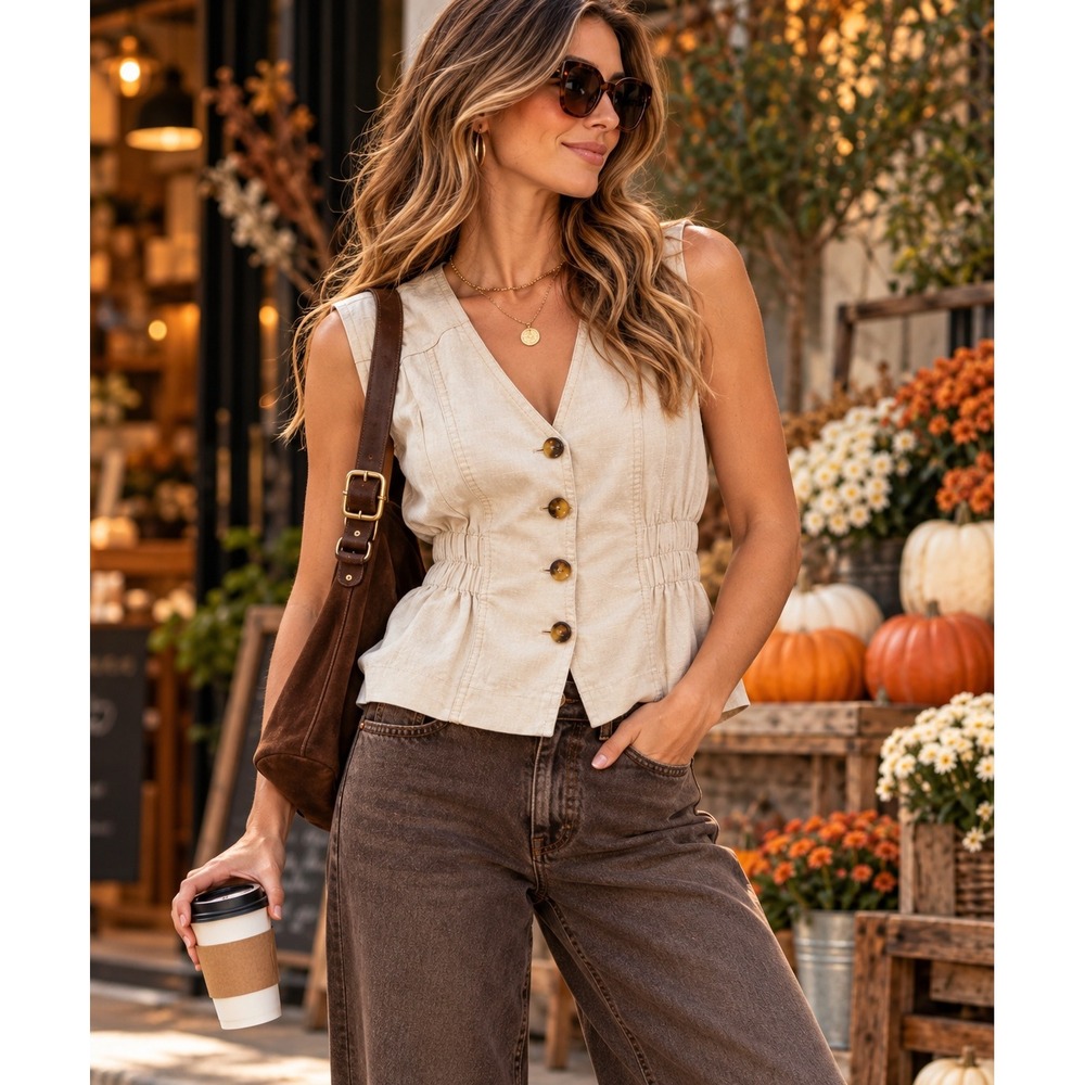 Minimalist Linen Blend Button Front Vest Coastal Luxe Clean Quiet Luxury Sz L